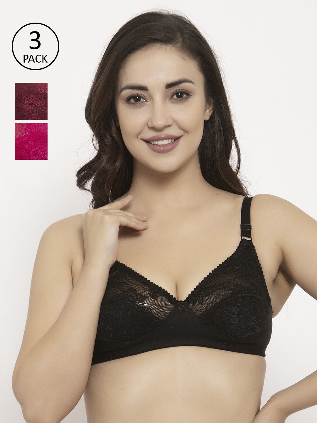 

GRACIT Pack Of 3 Self Design Non-Wired Non Padded Balconette Bra PW3-01-07-14, Black