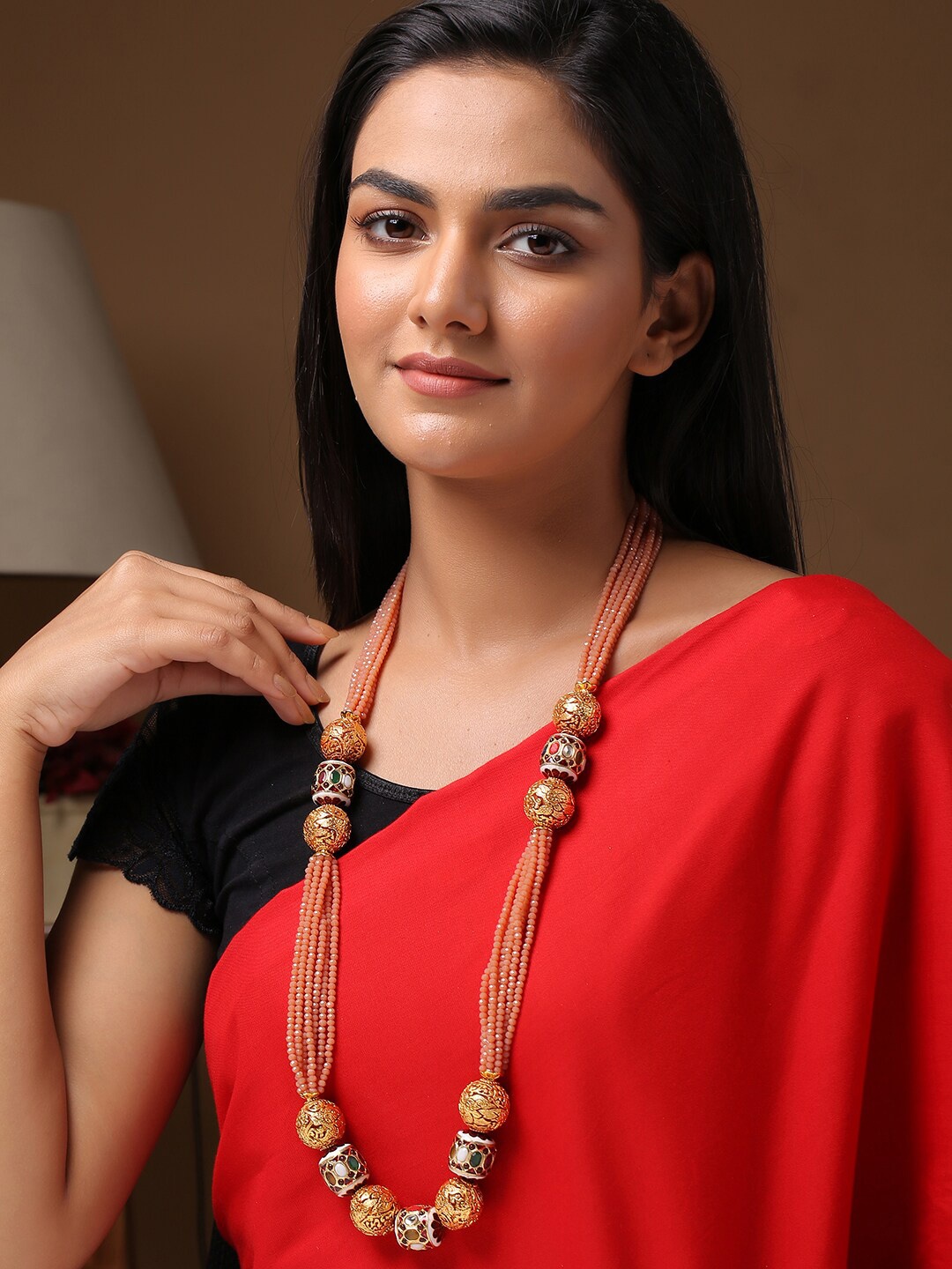 

Shoshaa Copper-Toned Gold-Plated Onyx Studded Statement Necklace