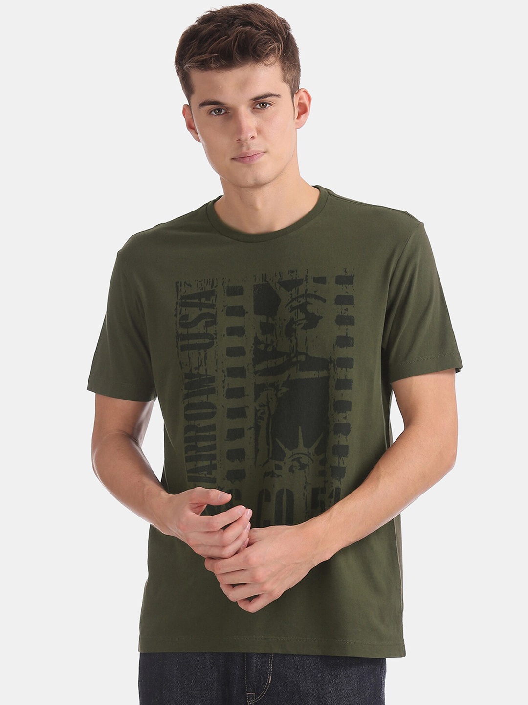 

Arrow Men Olive Green Printed Round Neck Pure Cotton T-shirt