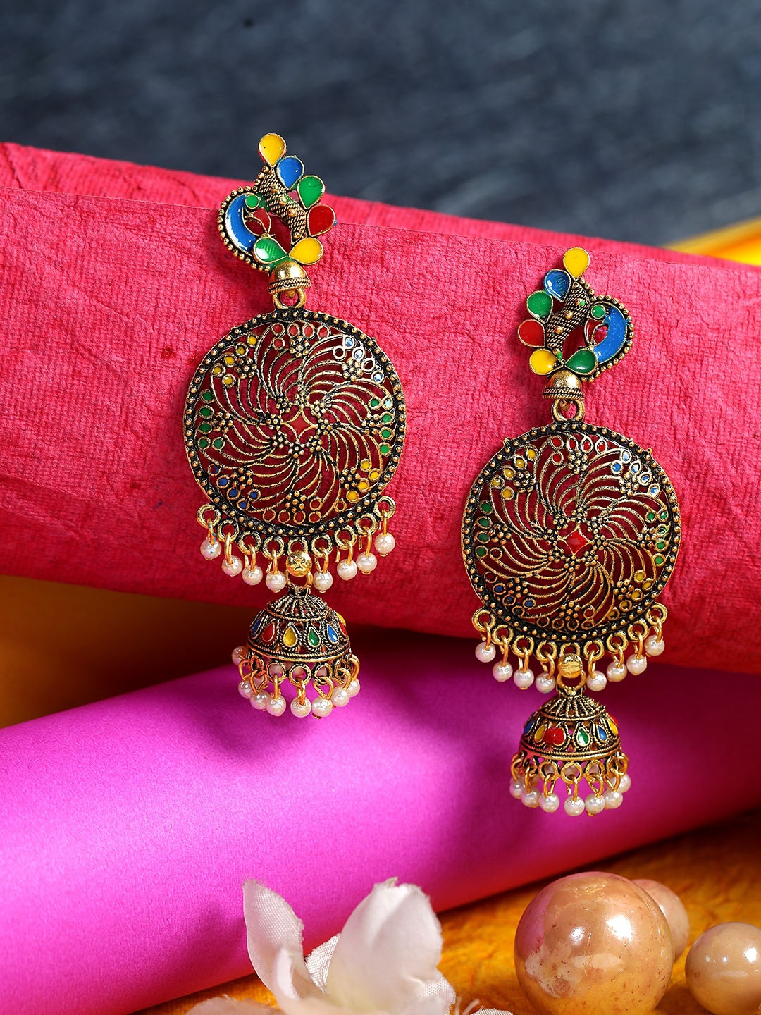 

ANIKAS CREATION Gold-Plated Dome Shaped Drop Earrings, Multi