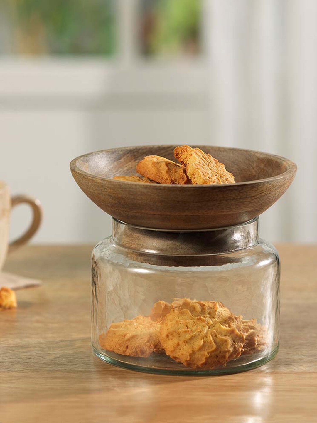 

ellementry Transparent & Brown Solid Twain Glass Jar With Wooden Bowl