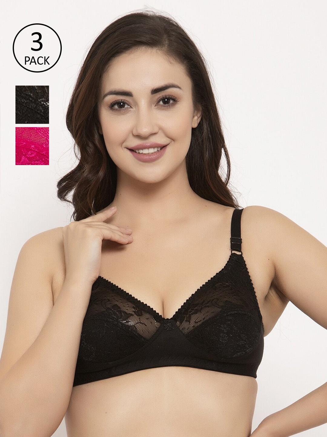 

GRACIT Pack Of 3 Lace Non-Wired Non Padded Balconette Bra PW3-01-01-07, Black