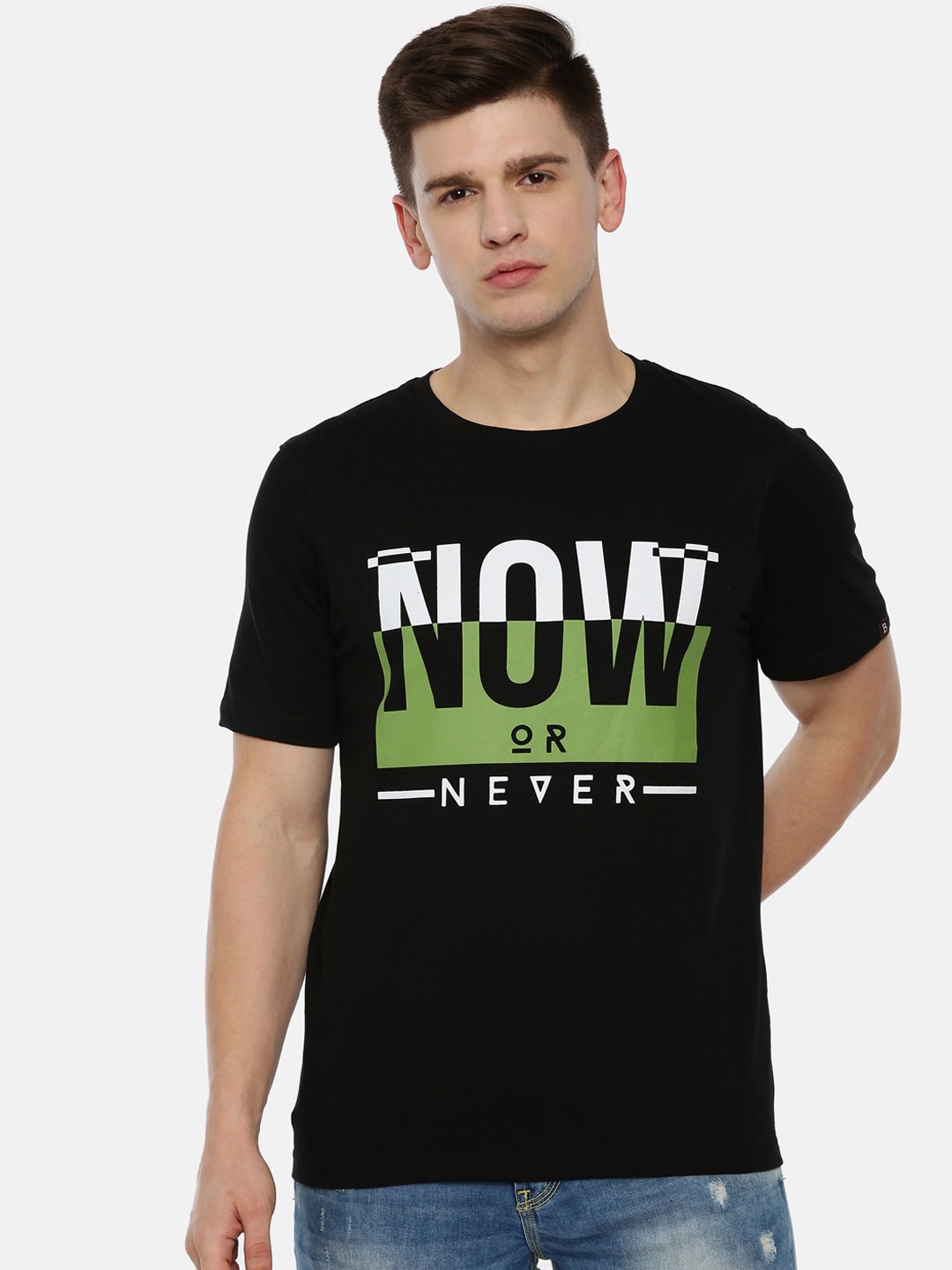 Bushirt Men Black White Printed Round Neck Pure Cotton T-shirt