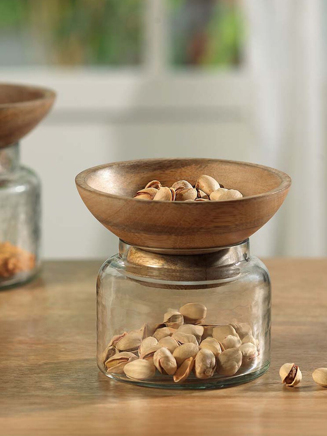 

ellementry Transparent & Brown Twain Glass Jar With Wooden Bowl