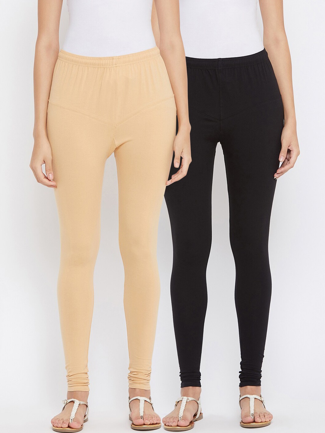 Tulsattva Women Pack Of 2 Black & Beige Solid Churidar-Length Leggings