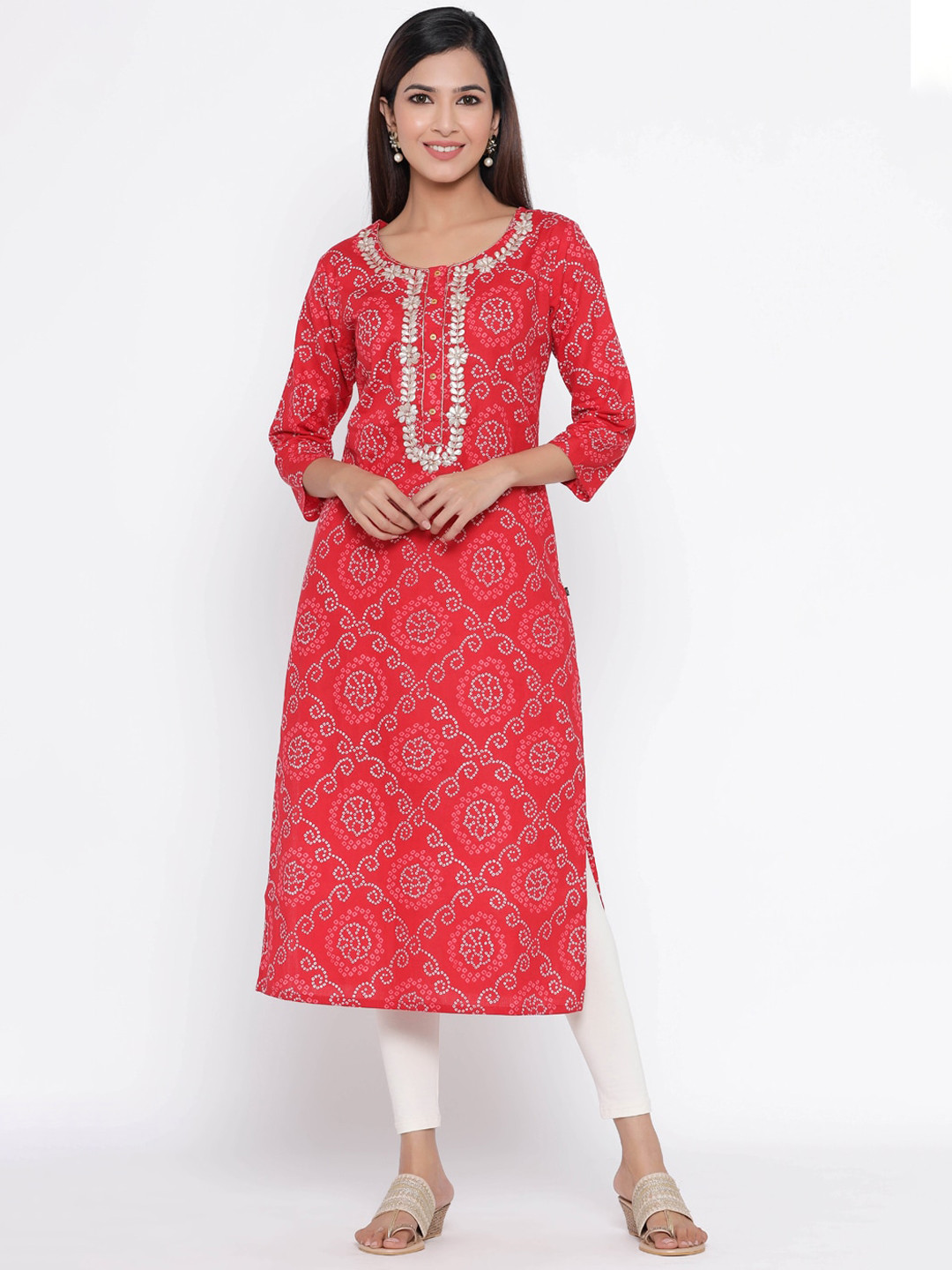 

Silai Bunai Women Red & White Bandhani Print Straight Kurta with Gotta Patti Detail