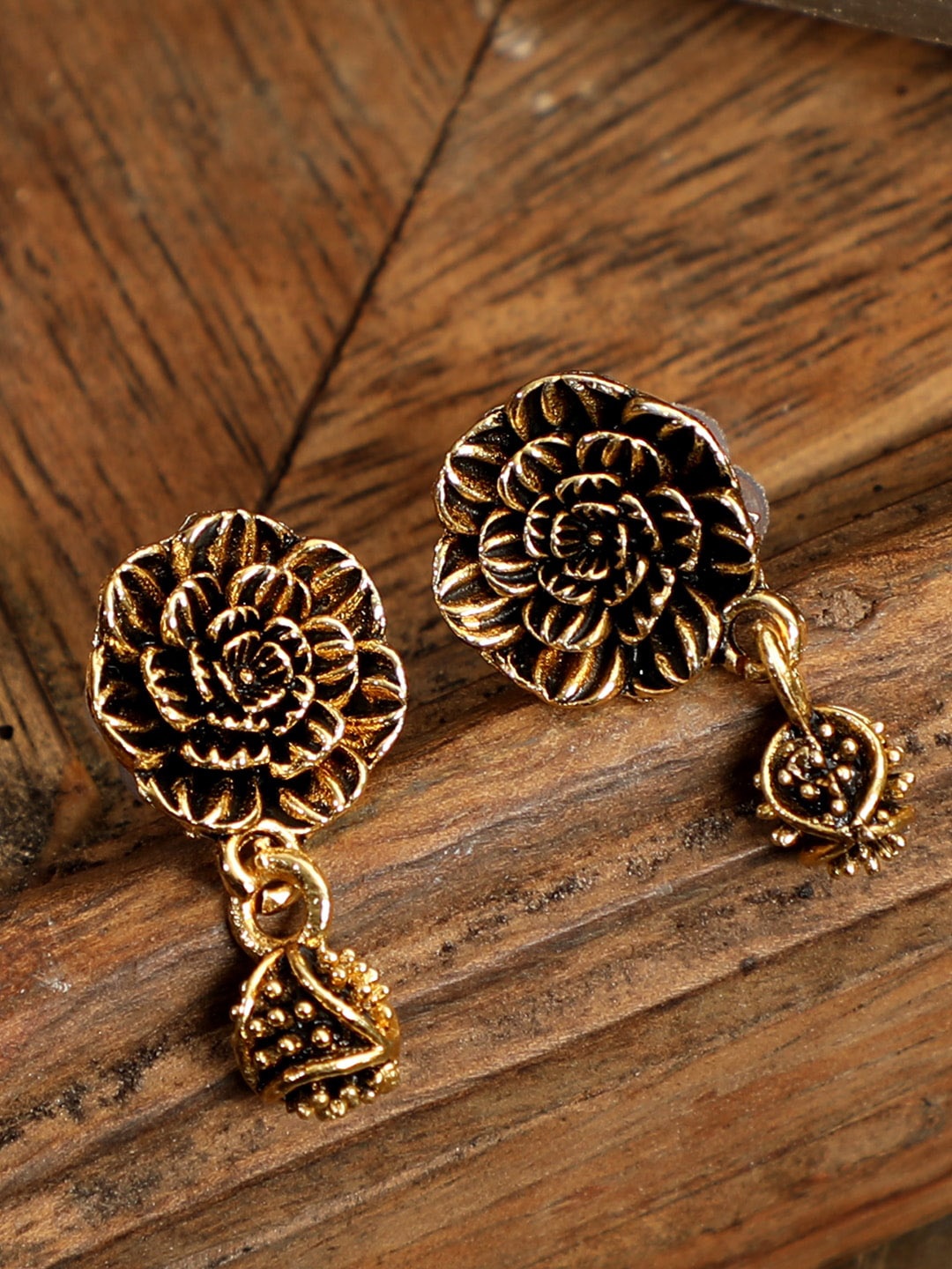 ANIKAS CREATION Gold-Plated & Gunmetal-Toned Floral Antique Drop Earrings, Metallic