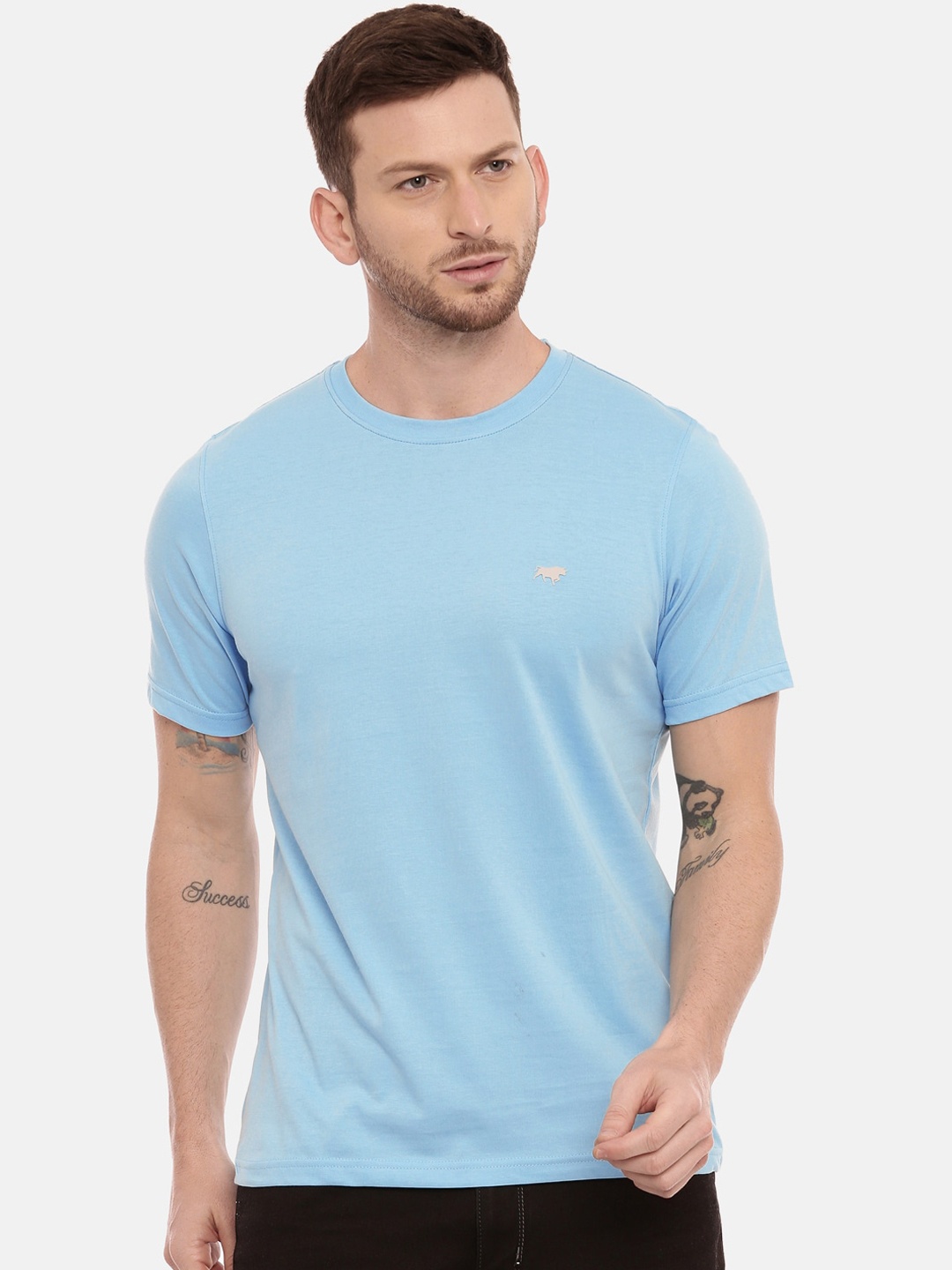 Bushirt Men Blue Solid Round Neck T-shirt