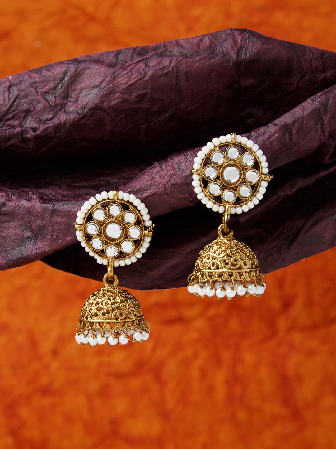 

Fida Gold-Plated & White Kundan Dome Shaped Jhumkas