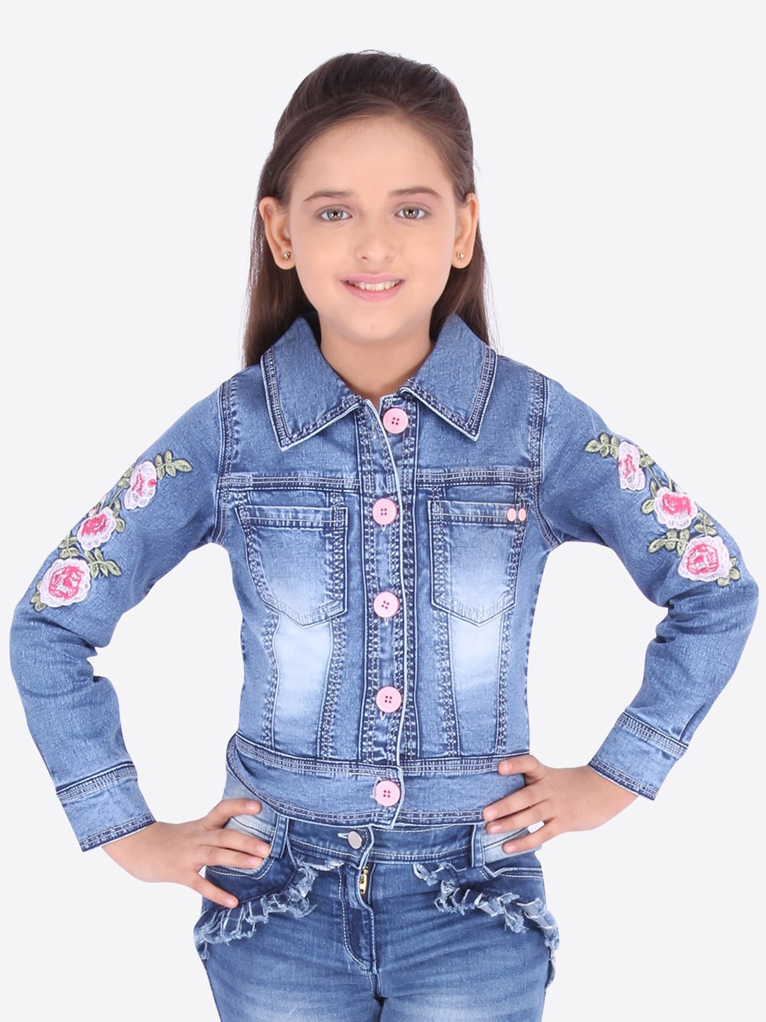CUTECUMBER Girls Blue Self Design Denim Jacket