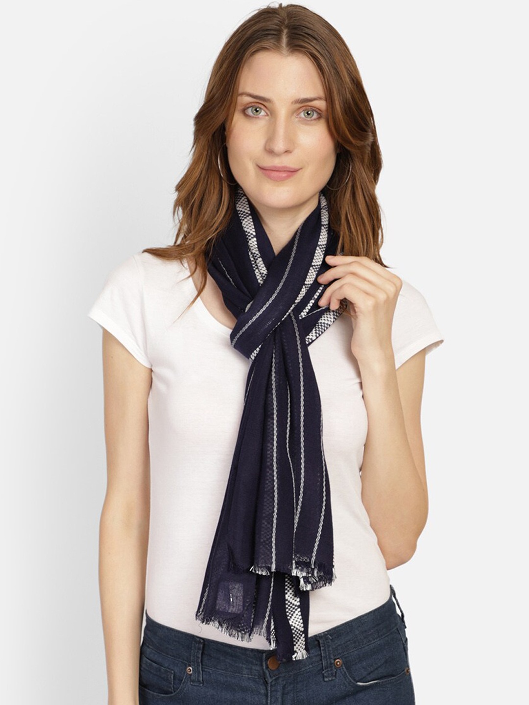 

Anekaant Women Navy Blue & White Woven Design Stole
