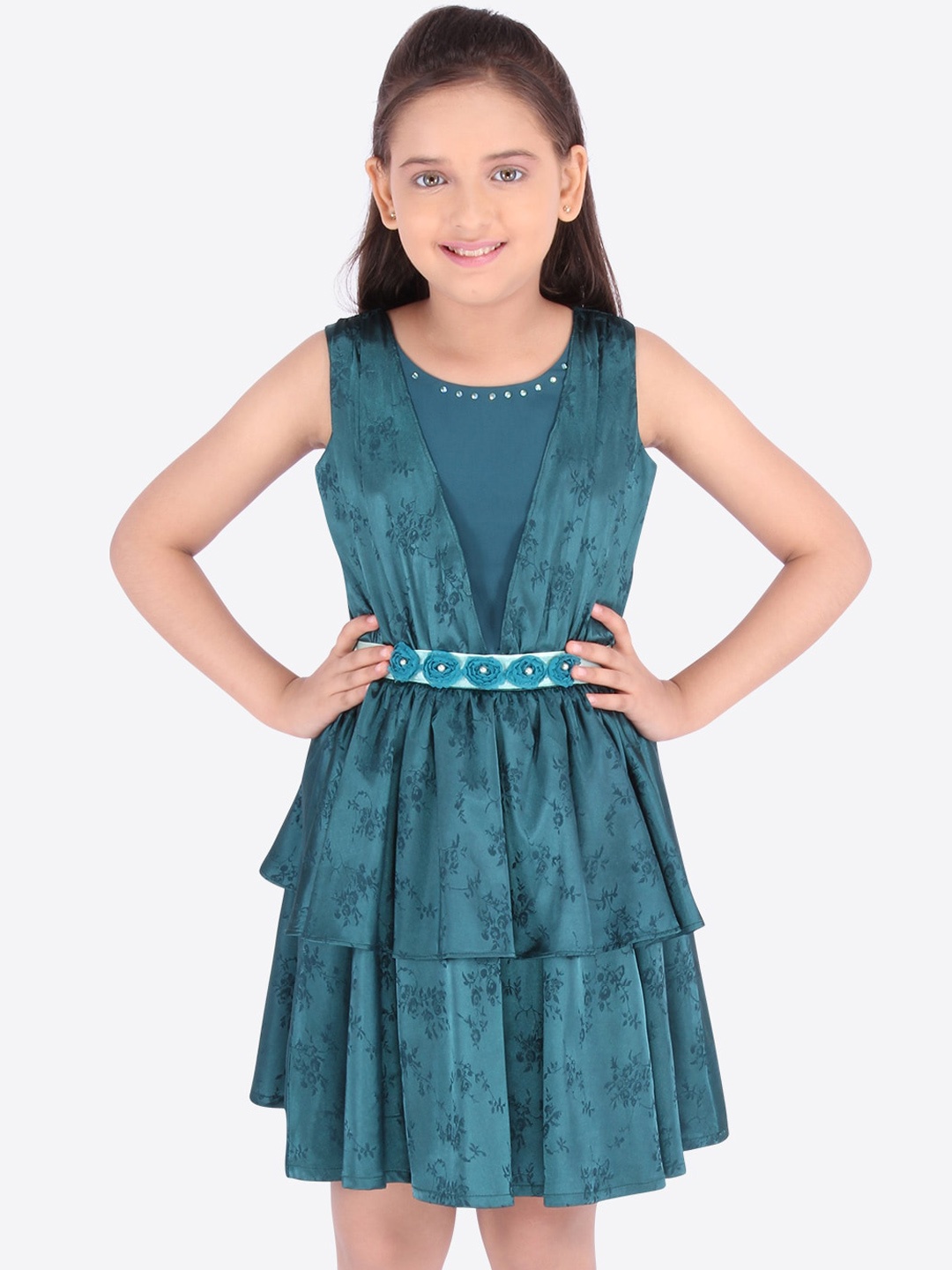 

CUTECUMBER Girls Green Printed Fit and Flare Dress