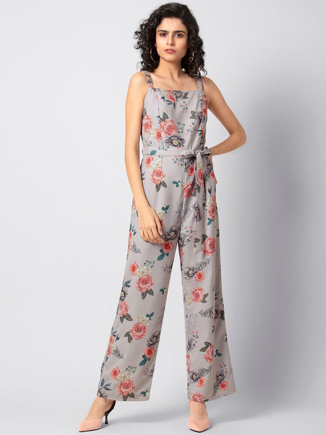 

FabAlley Women Grey & Coral Pink Floral Printed Basic Jumpsuit