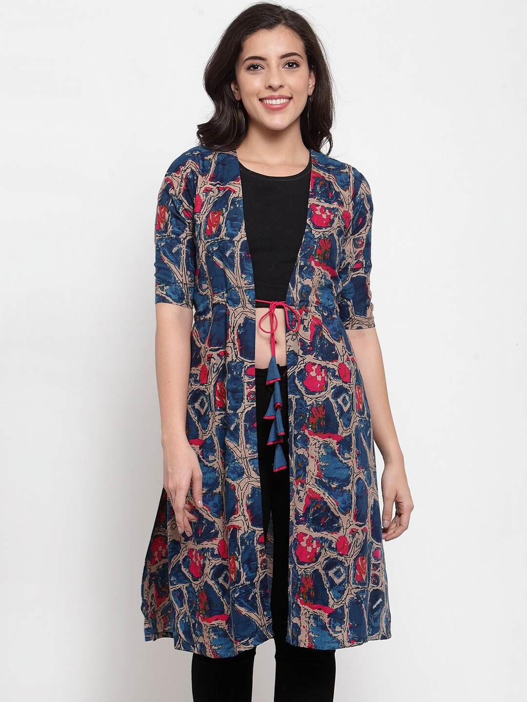 

Indibelle Women Multicoloured Printed Open Front Fusion Shrug, Multi