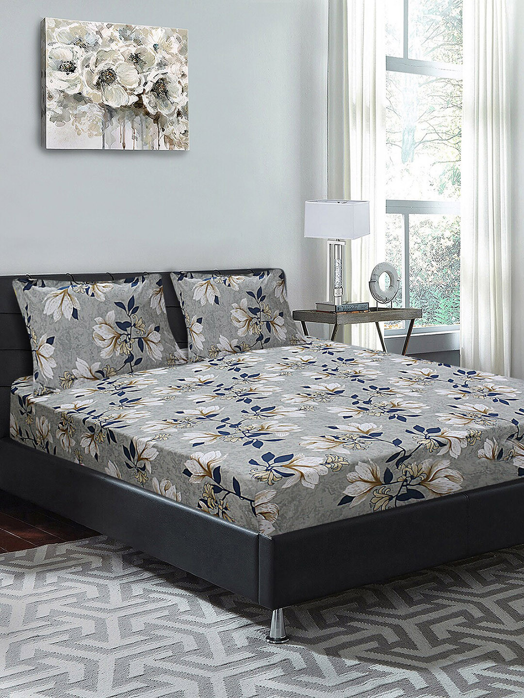 

Good Homes by Home Candy Grey & Off-White Floral 144 TC Cotton 1 King Bedsheet with 2 Pillow Covers