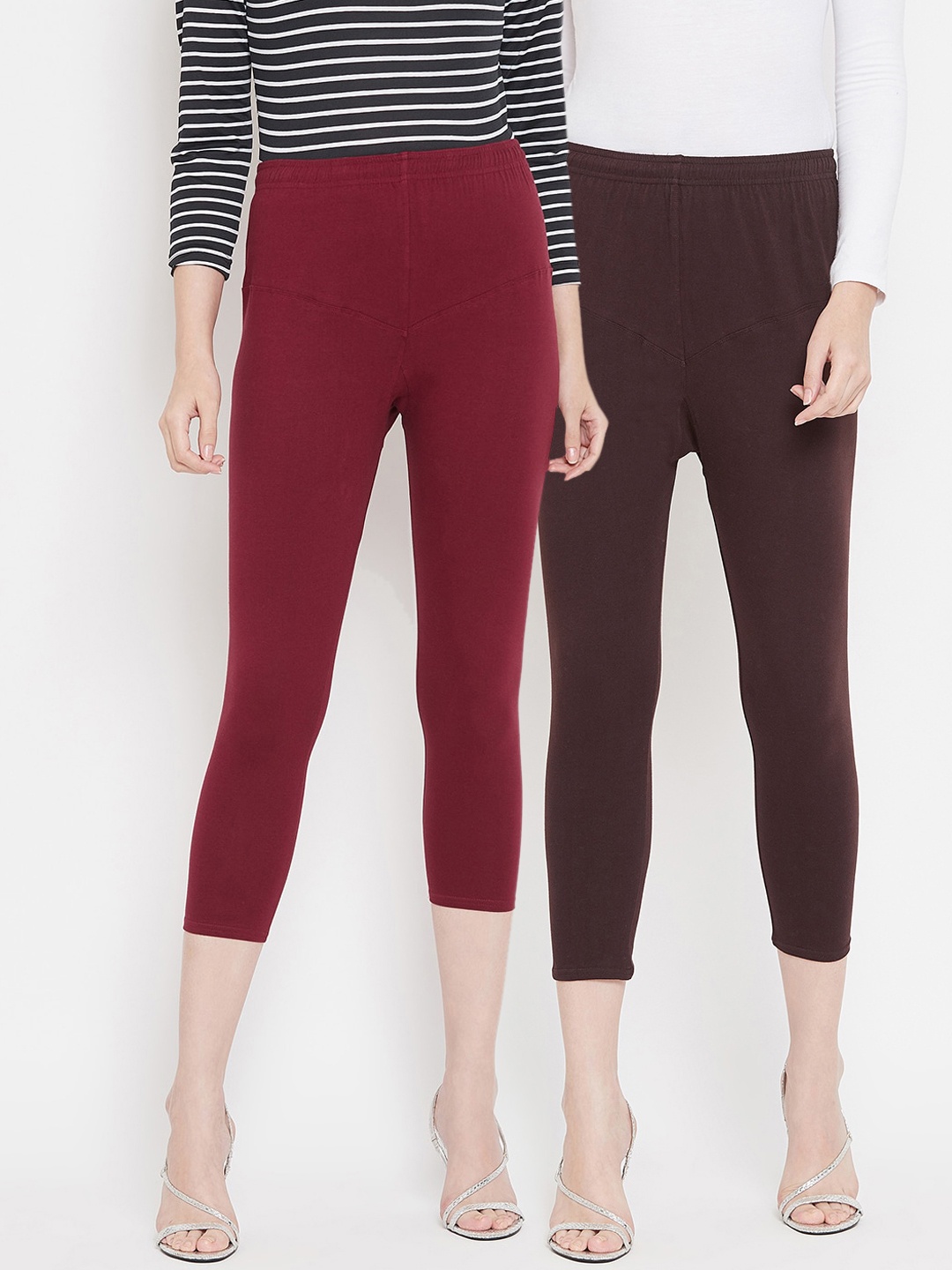 

Tulsattva Women Pack Of 2 Solid Three-Fourth Length Leggings, Coffee brown