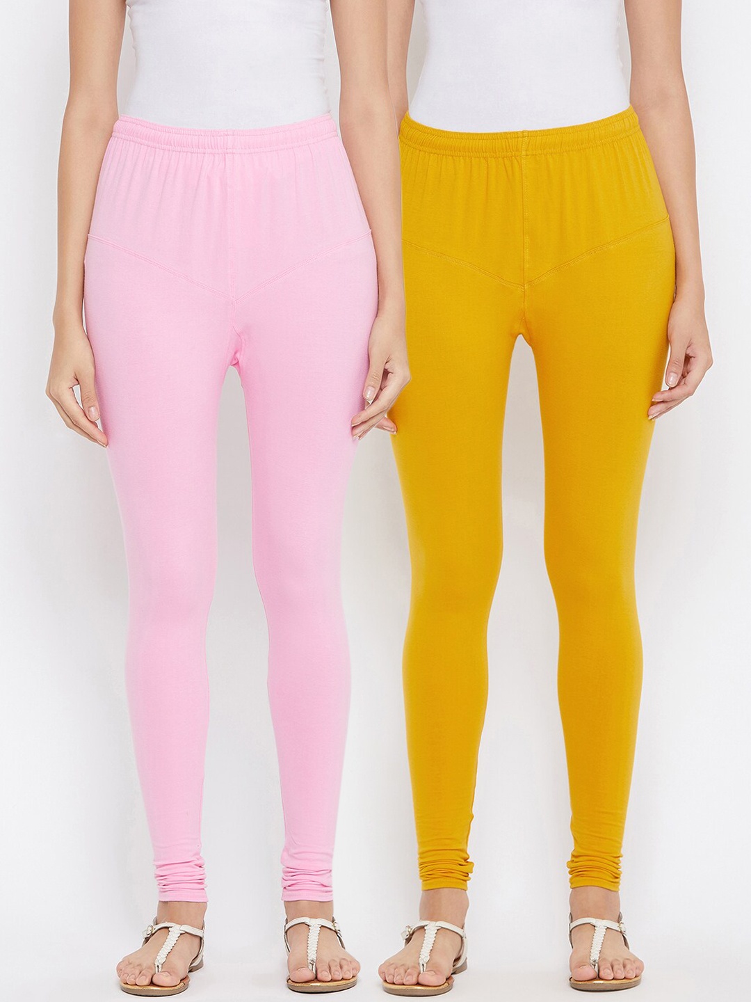 

Tulsattva Women Pack Of 2 Pink & Yellow Solid Churidar-Length Leggings