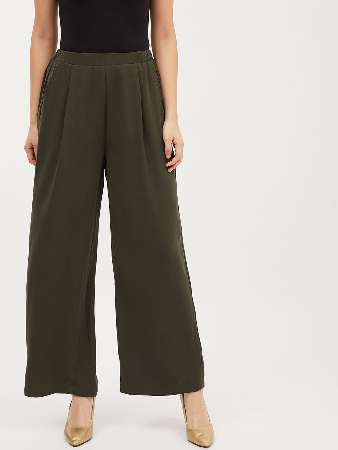

Harpa Women Olive Green Solid Straight Palazzos