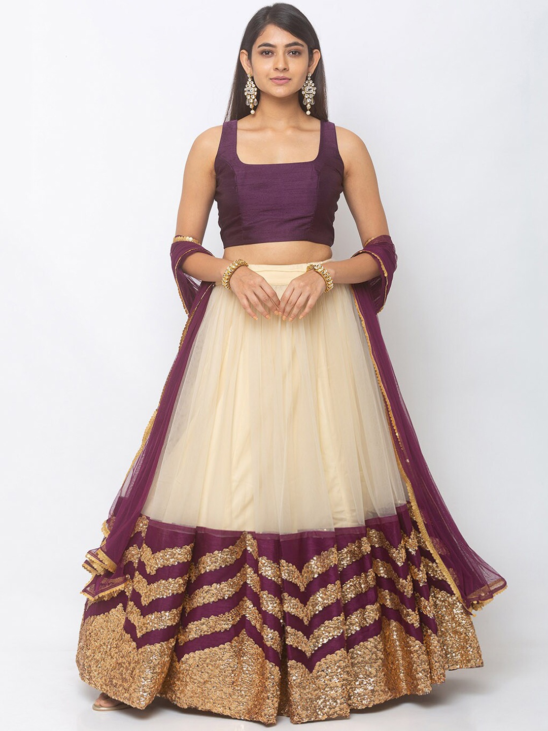 

6Y COLLECTIVE Off-White & Purple Solid Ready to Wear Lehenga & Unstitched Blouse with Dupatta