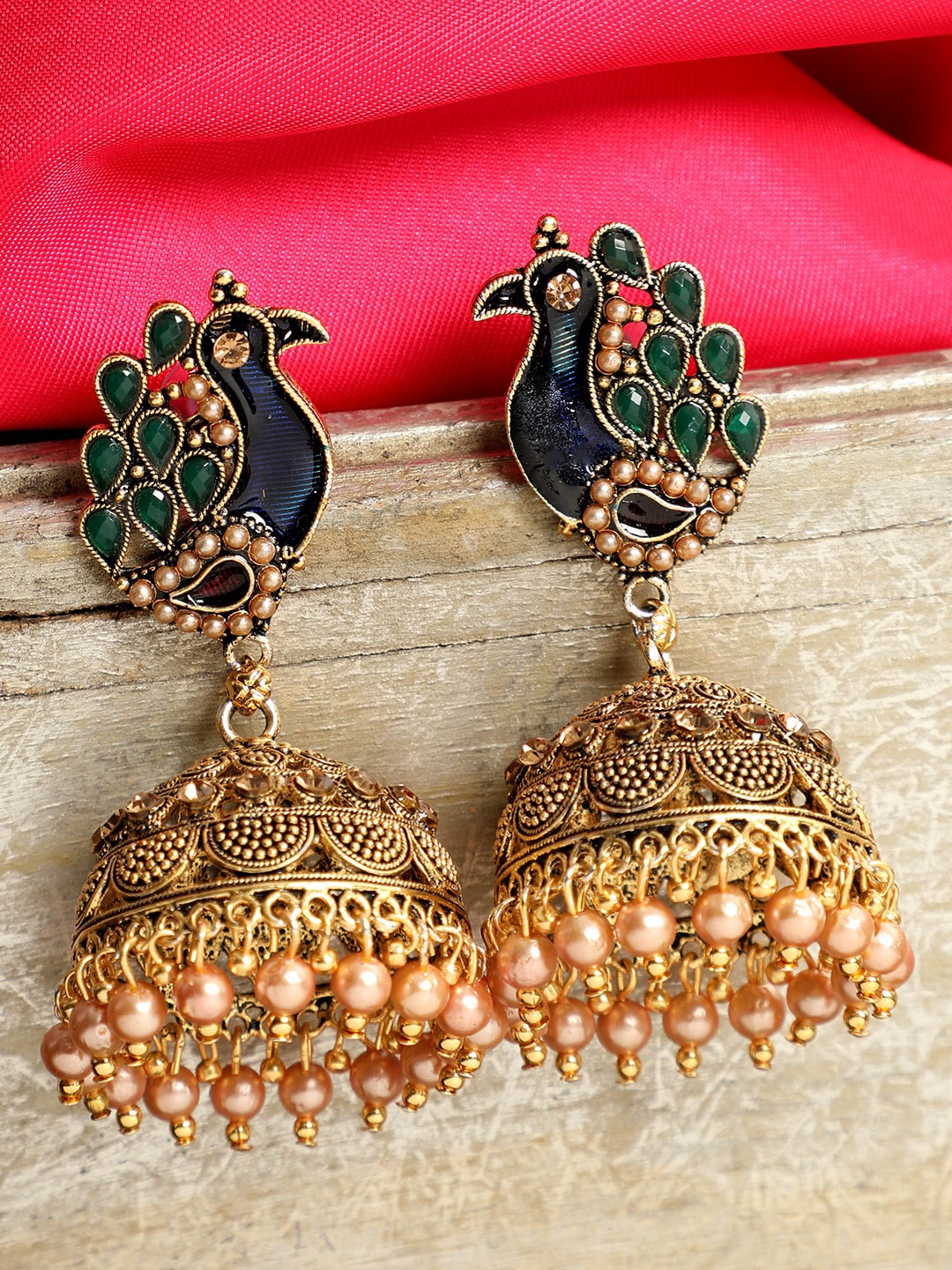 

ANIKAS CREATION Green & Gold-Plated Peacock Shaped Jhumkas