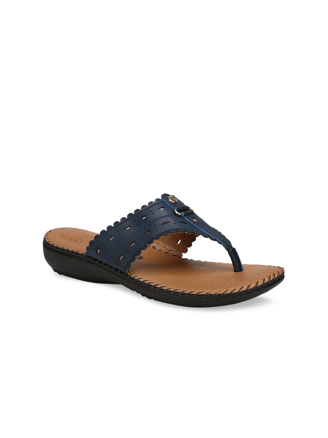Bata comfit Women Navy Blue Solid PU T-Strap Flats