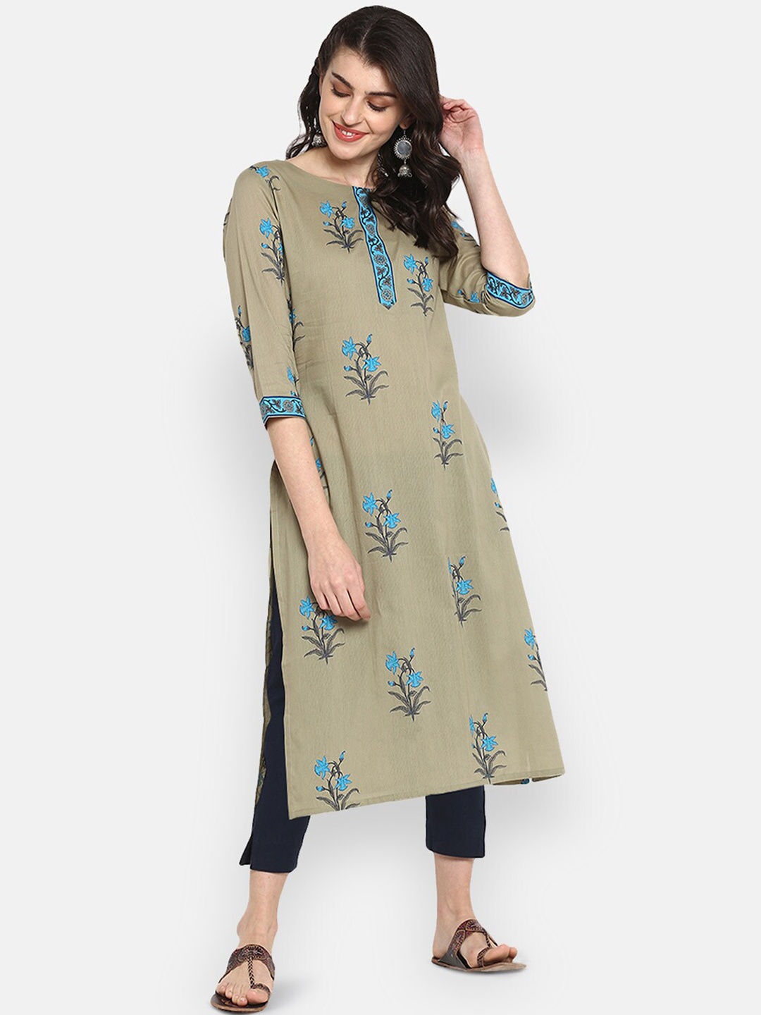 

Janasya Women Olive Green & Blue Printed Straight Kurta