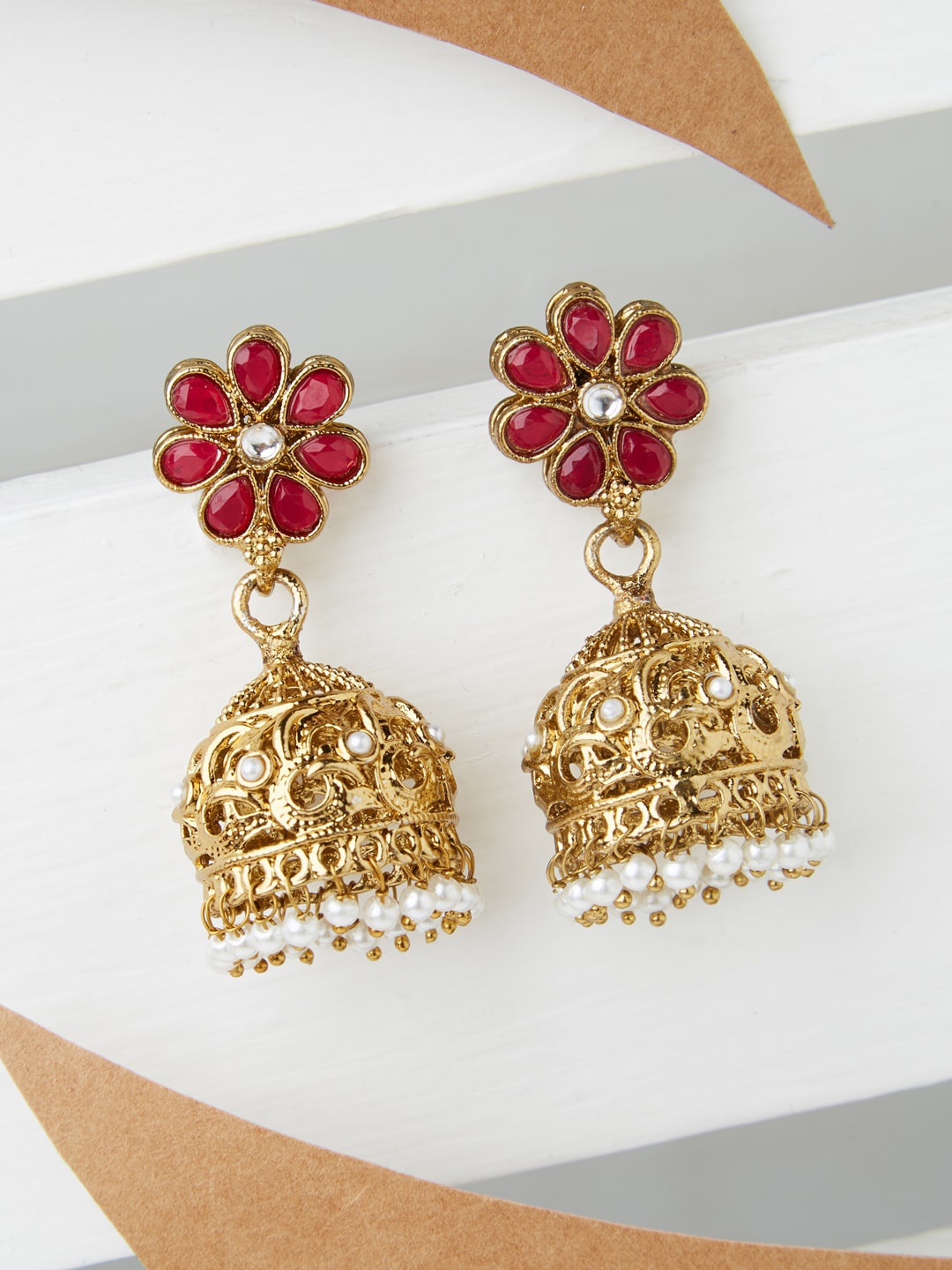 

Fida Gold-Plated & Red Kundan Dome Shaped Jhumkas