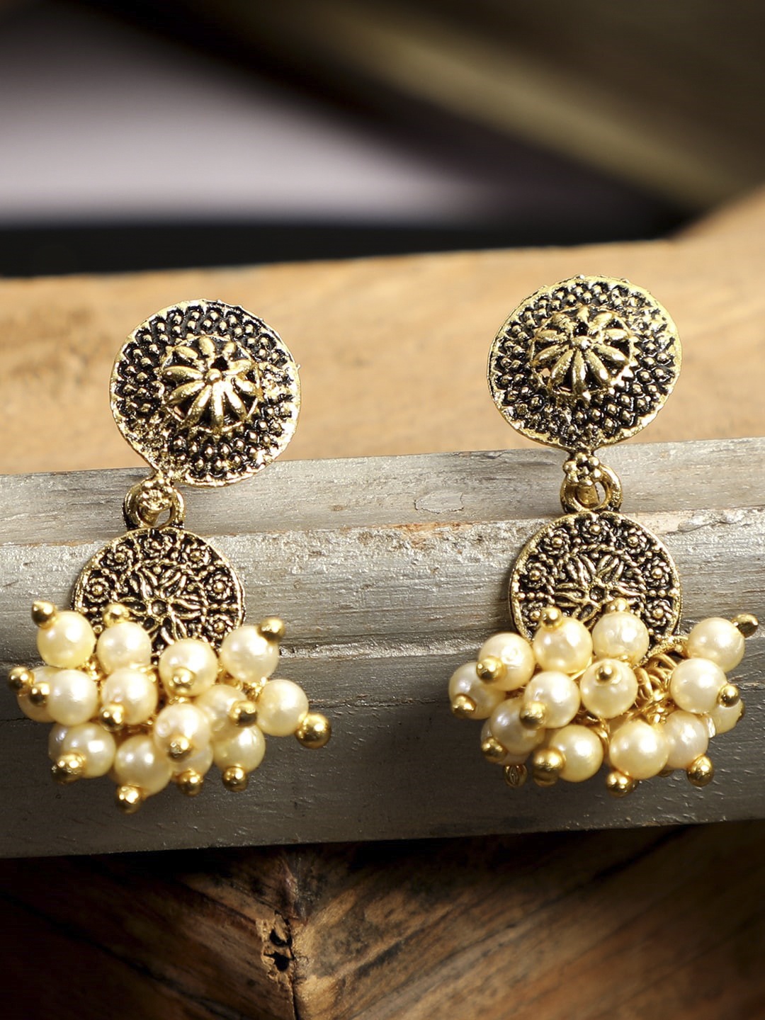 

ANIKAS CREATION Gunmetal-Toned & Gold-Toned Contemporary Jhumkas, Metallic