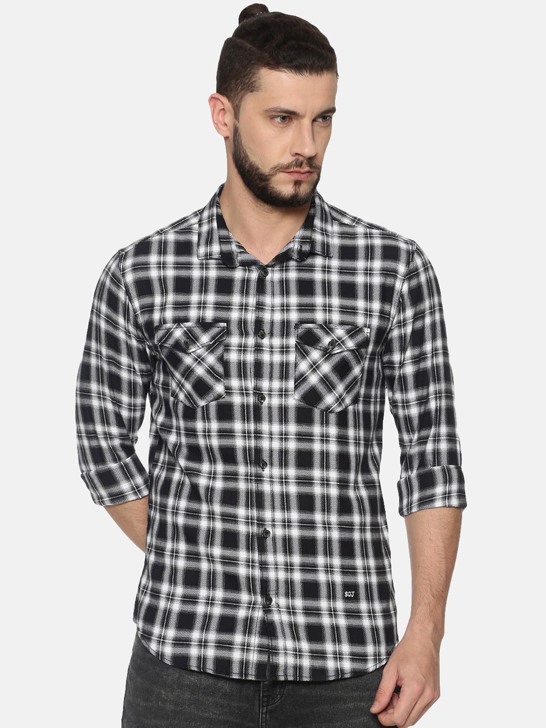 

SHOWOFF Men Black & White Slim Fit Checked Casual Shirt
