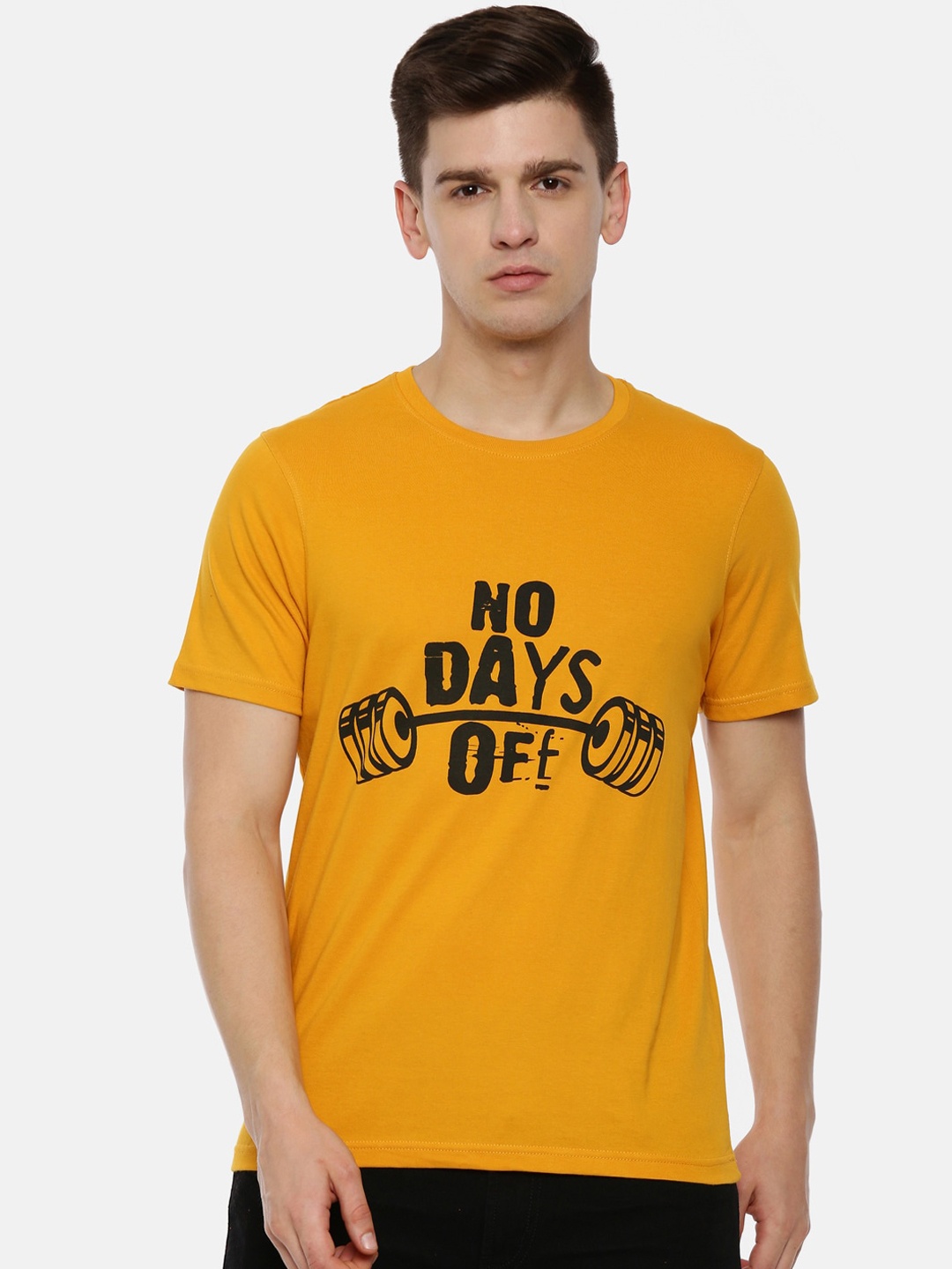 

Bushirt Men Mustard Yellow Black Printed Round Neck Pure Cotton T-shirt