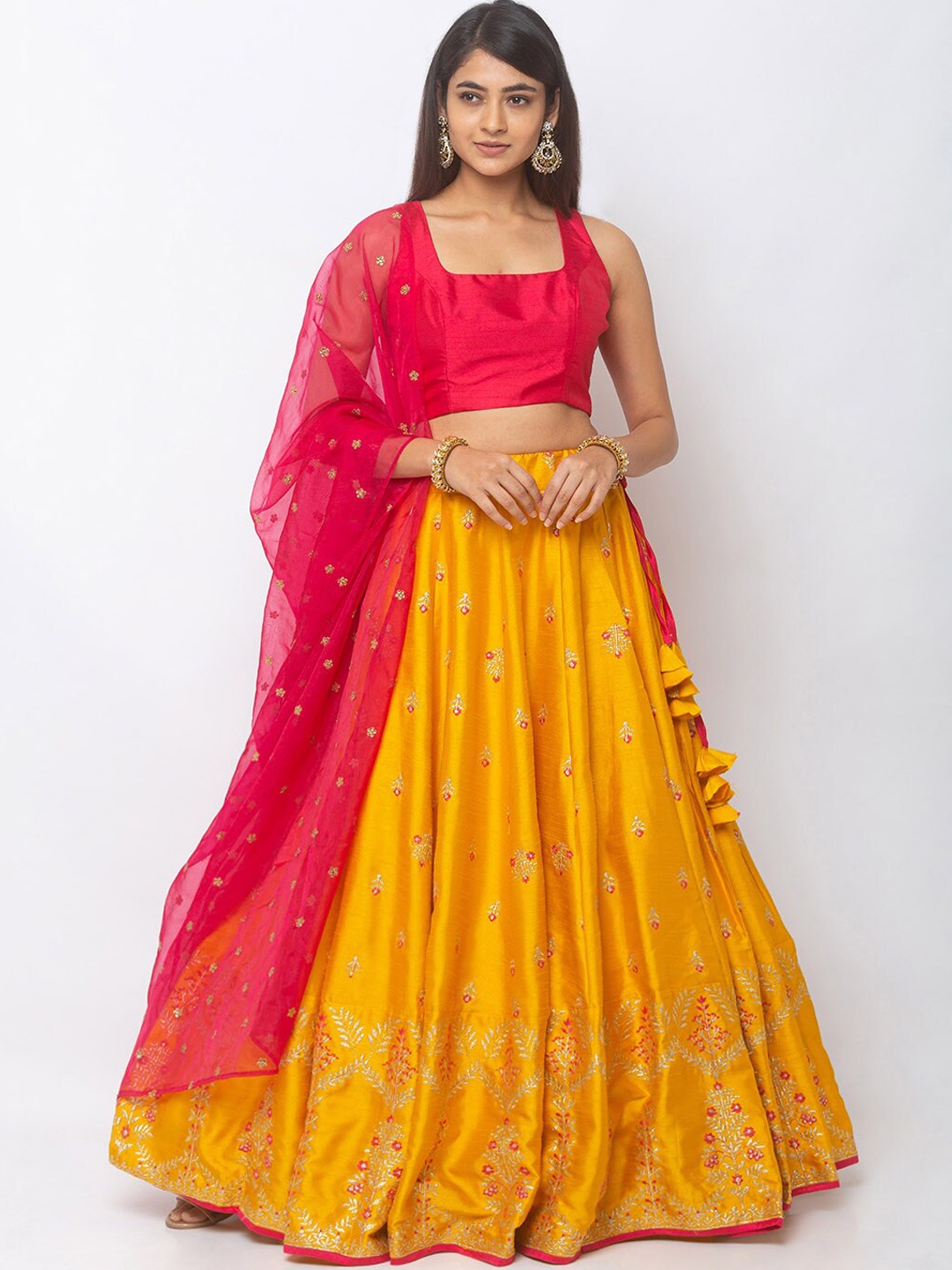 

6Y COLLECTIVE Yellow & Pink Solid Ready to Wear Lehenga & Unstitched Blouse with Dupatta