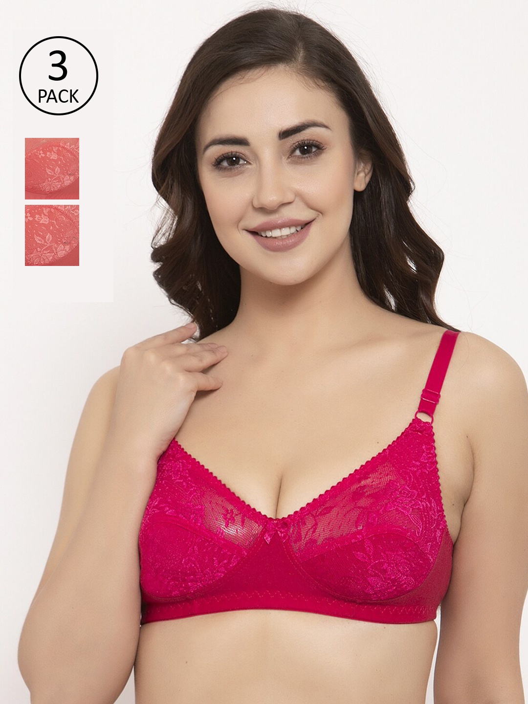 

GRACIT Pink & Orange Pack of 3 Lace Non-Wired Non Padded Everyday Bra PW3-07-15-15-28B
