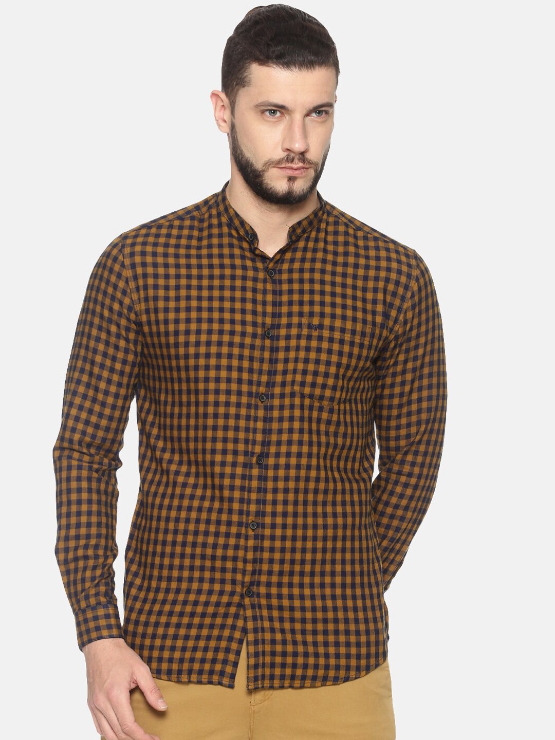

SHOWOFF Men Yellow & Navy Blue Slim Fit Checked Casual Shirt