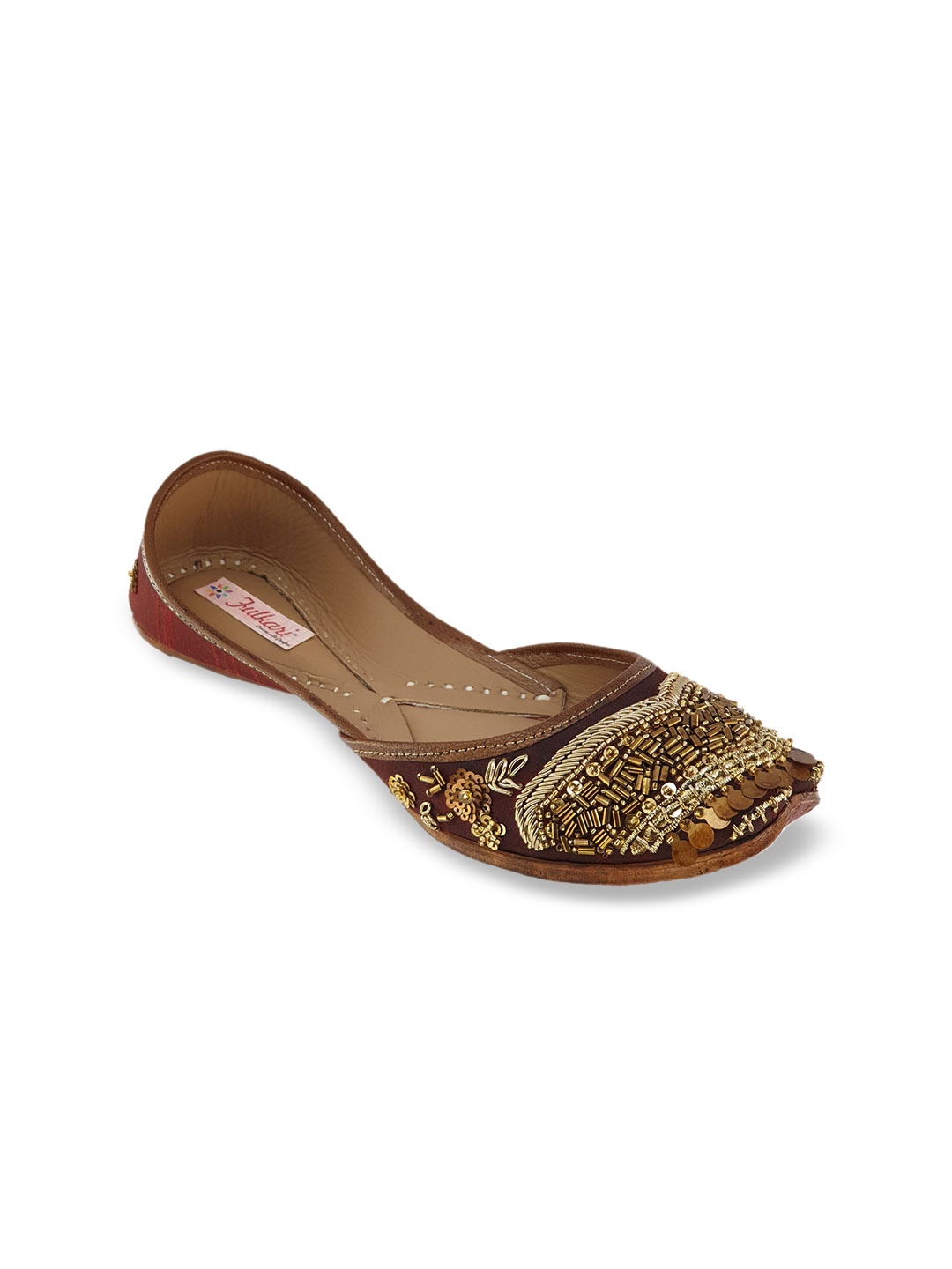 

Fulkari Women Maroon Embellished Leather Mojaris