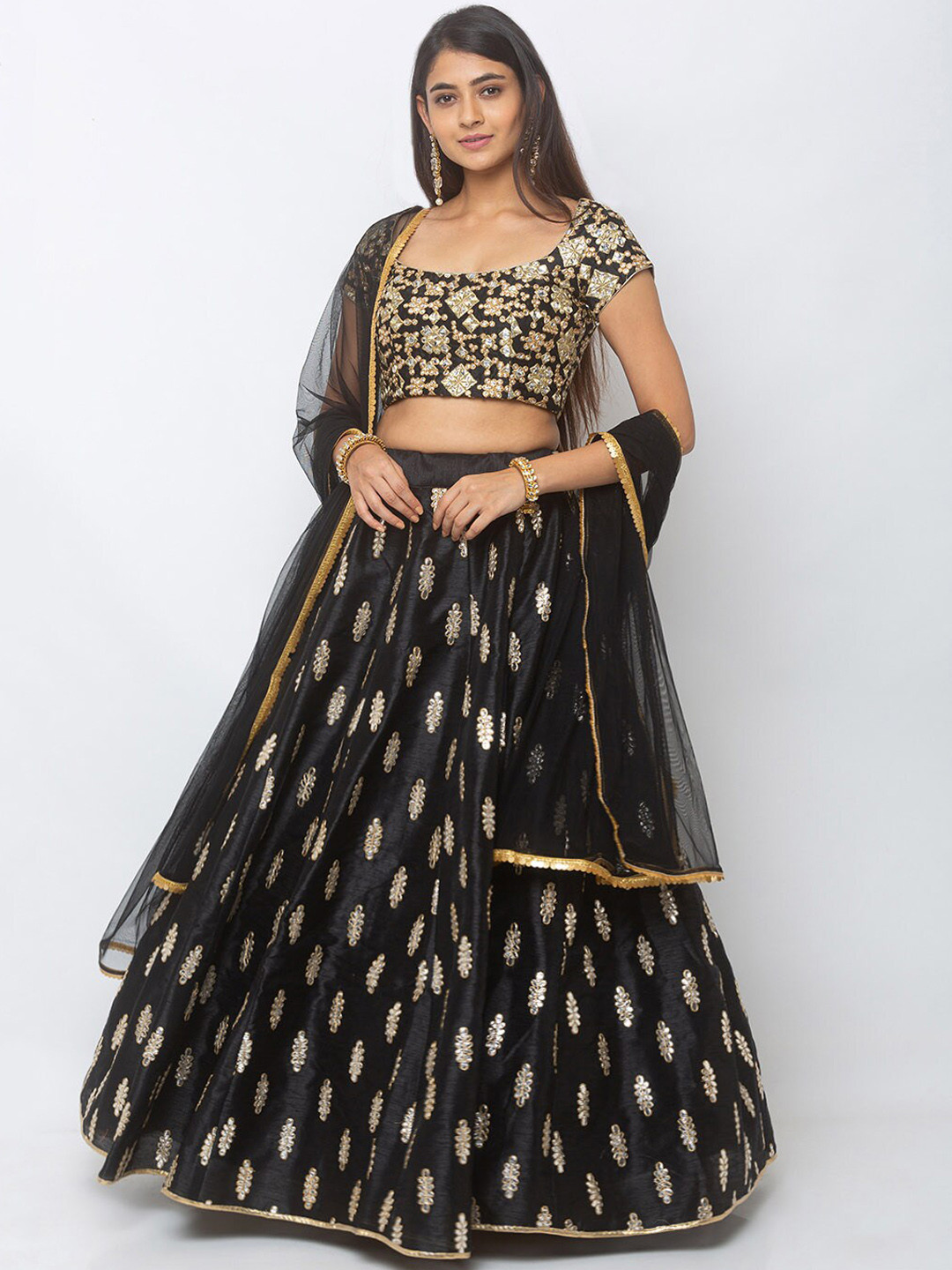 

6Y COLLECTIVE Black & Gold-Toned Embroidered Ready to Wear Lehenga & Unstitched Blouse with Dupatta