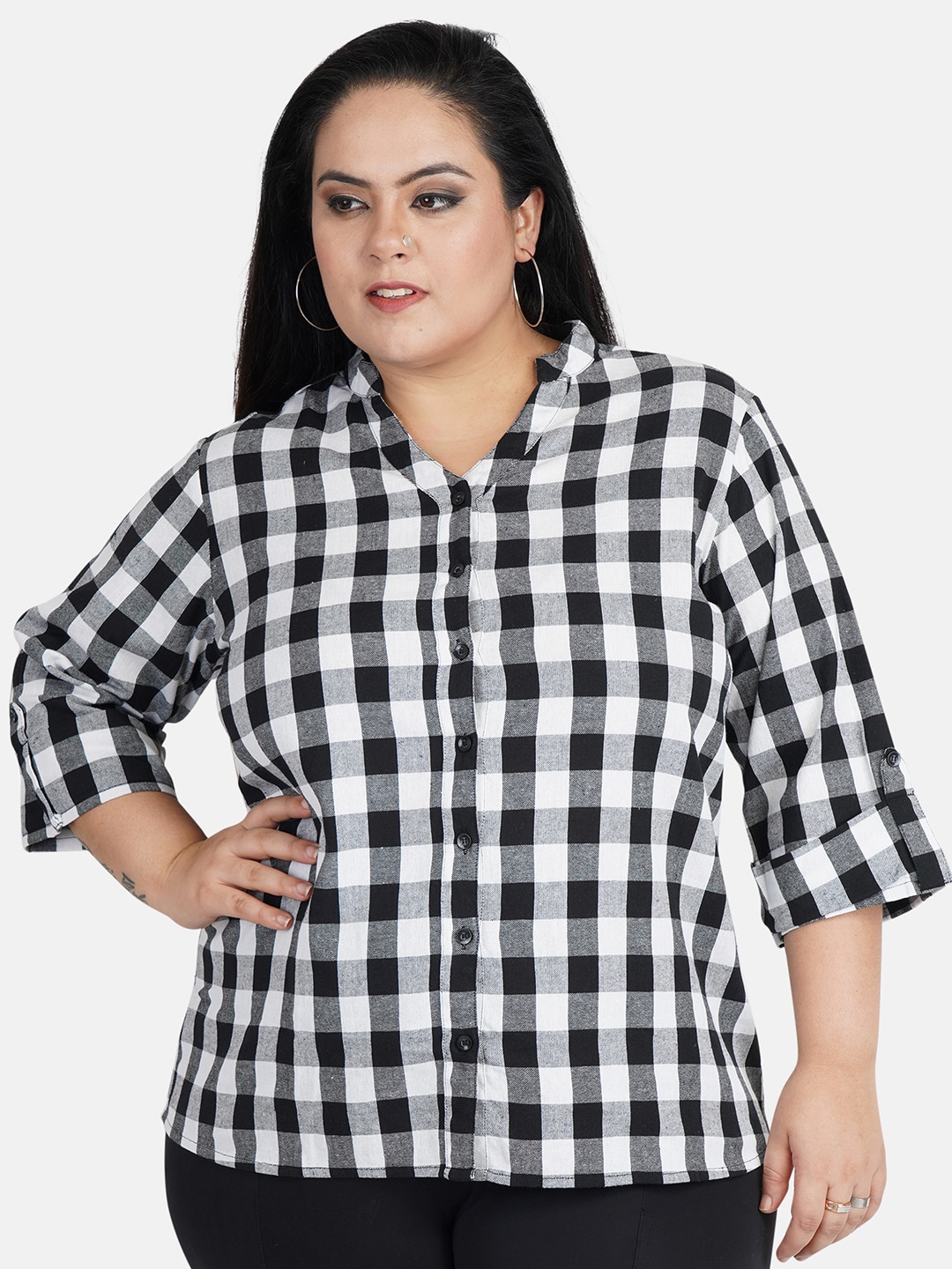 

Indietoga Women Black & White Slim Fit Checked Casual Plus Size Shirt