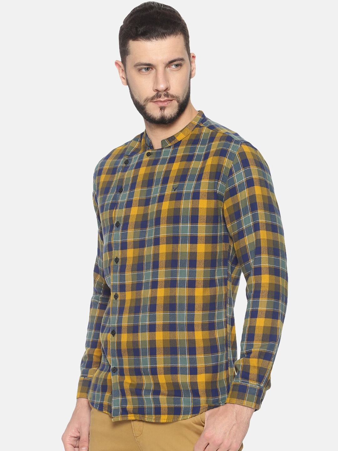 

SHOWOFF Men Yellow & Navy Blue Slim Fit Checked Casual Shirt