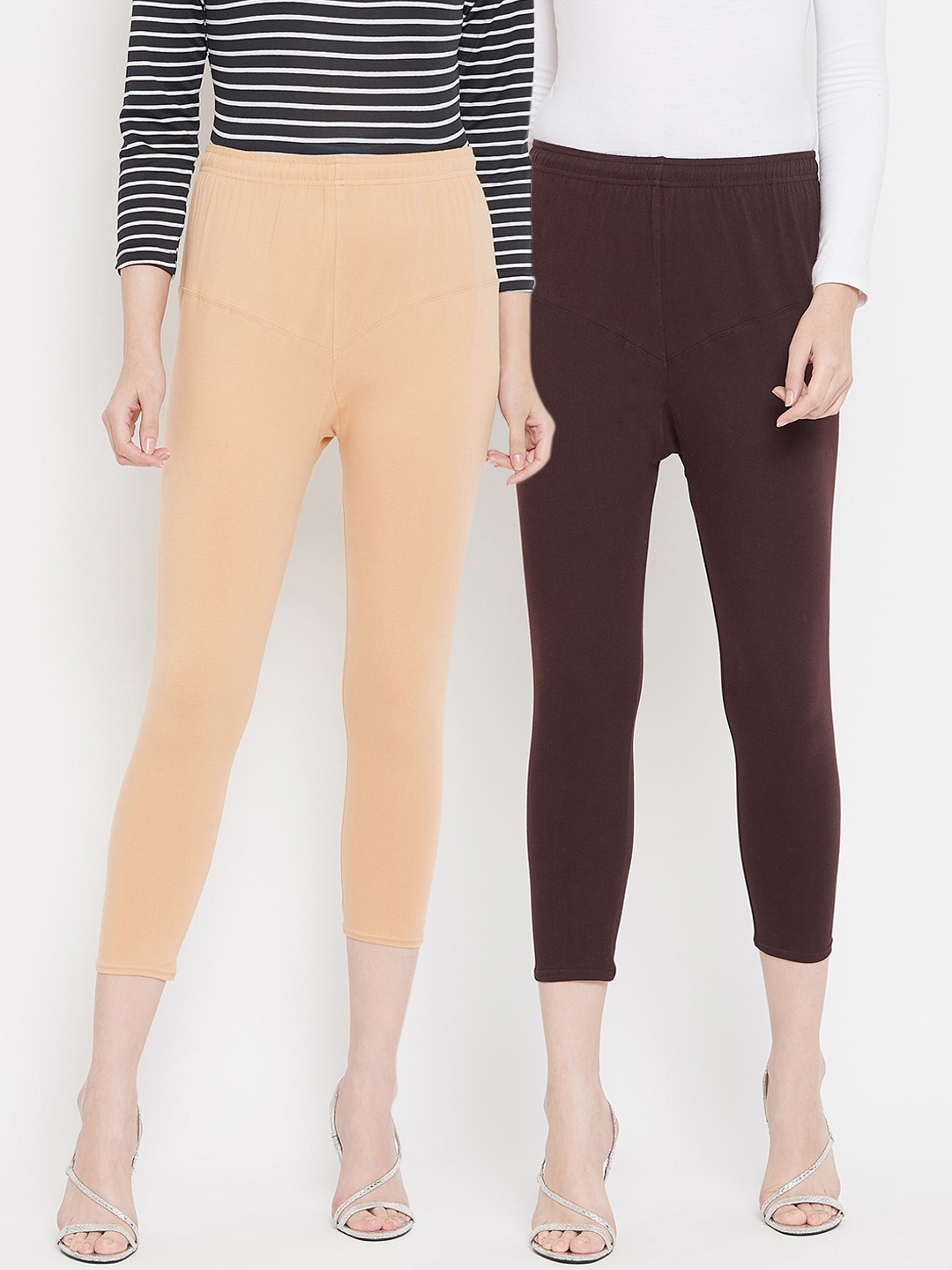

Tulsattva Women Pack Of 2 Solid Three-Fourth Length Leggings, Coffee brown