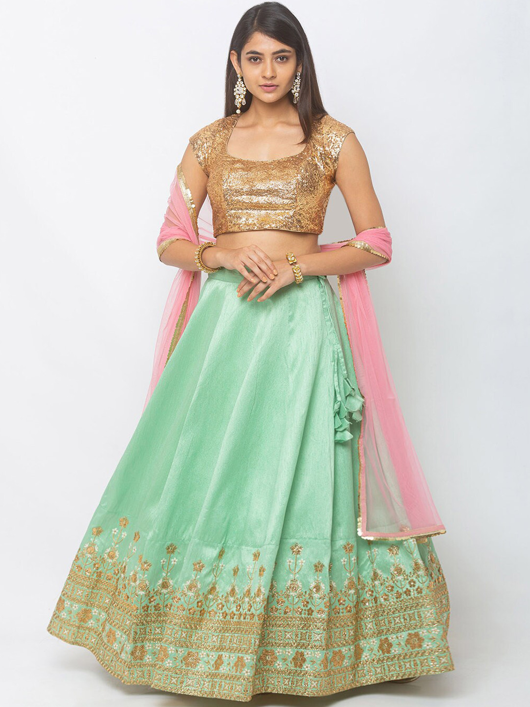 

6Y COLLECTIVE Sea Green & Gold-Toned Embroidered Ready to Wear Lehenga & Unstitched Blouse with Dupatta