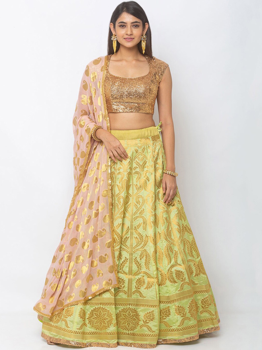 

6Y COLLECTIVE Green & Gold-Toned Embroidered Ready to Wear Lehenga & Unstitched Blouse with Dupatta