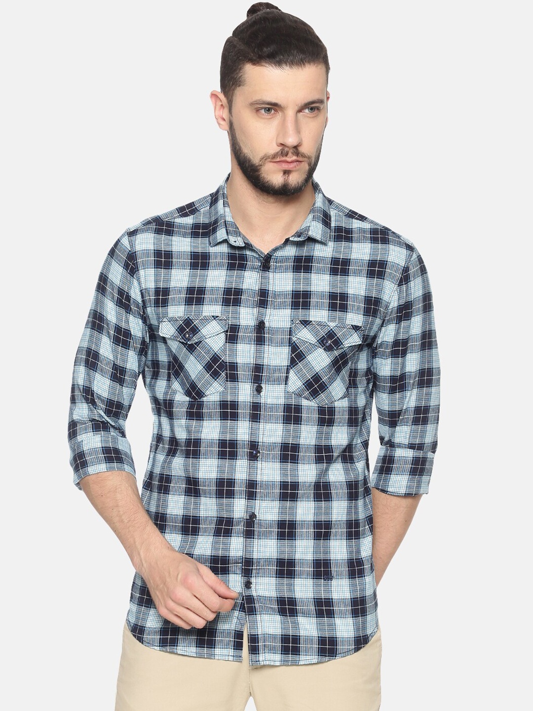 

SHOWOFF Men Navy Blue Slim Fit Checked Casual Shirt