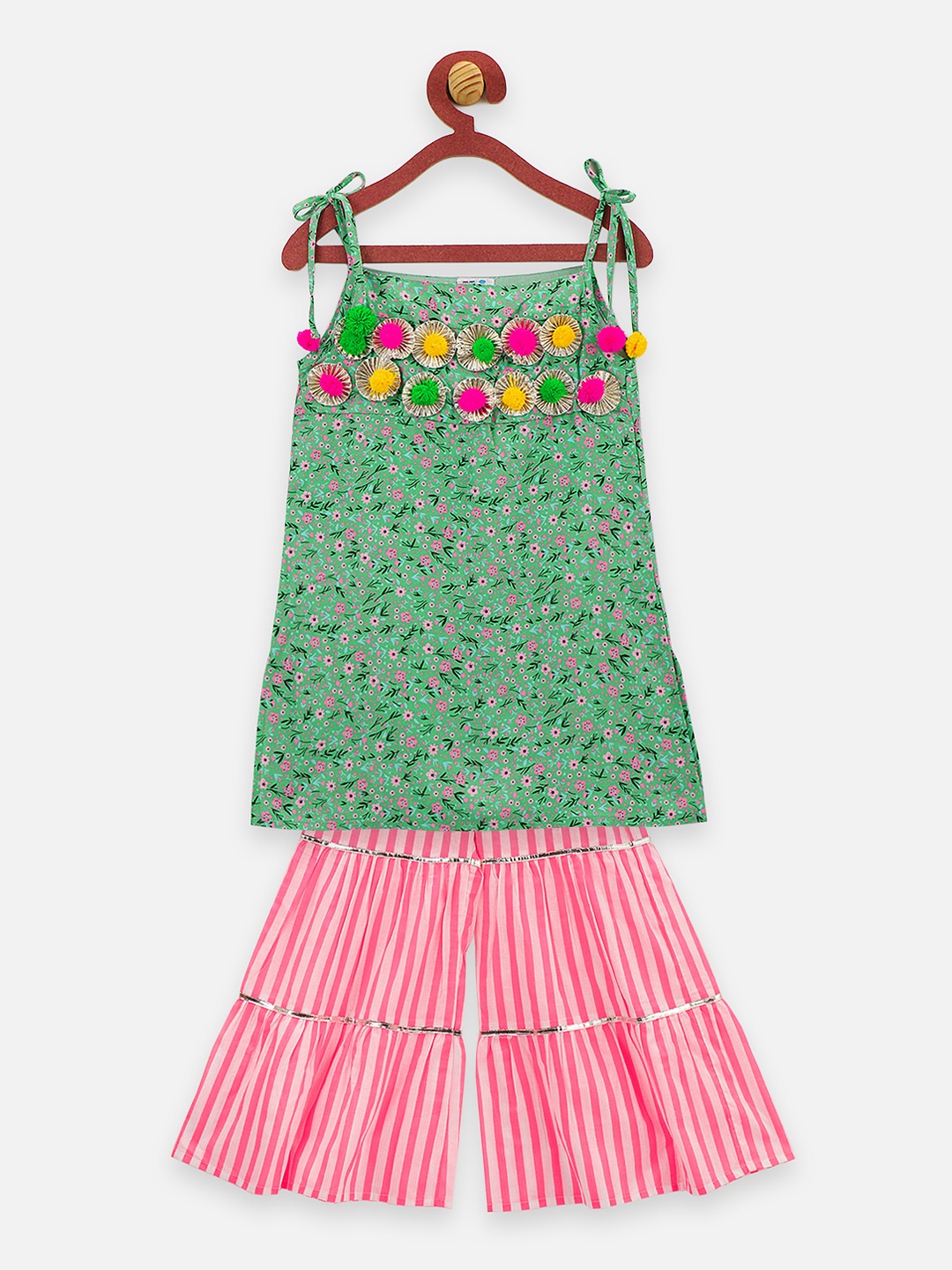 

LilPicks Girls Green & Pink Printed Kurta with Sharara