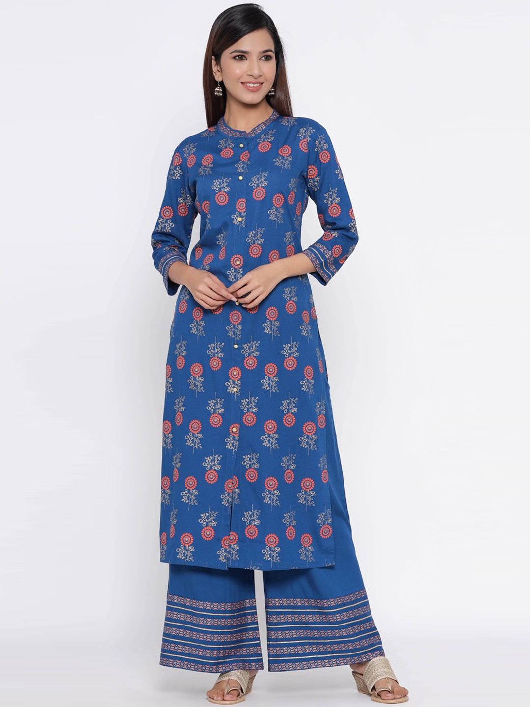 Silai Bunai Women Blue Printed Kurta with Palazzos
