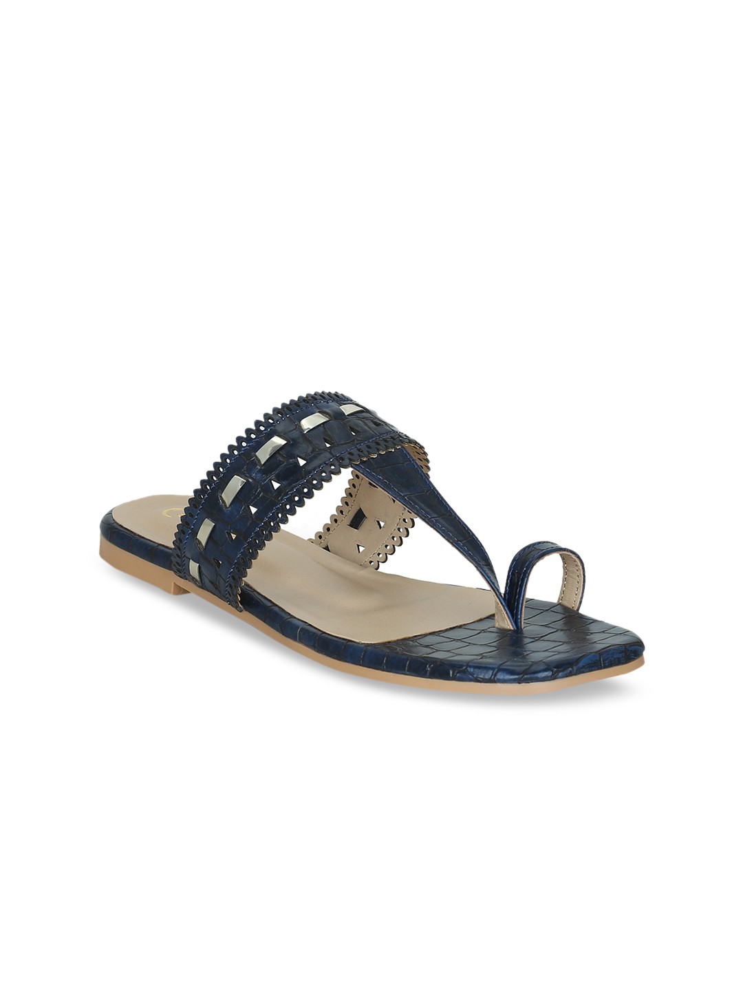 

Get Glamr Women Navy Blue Textured T-Strap Flats