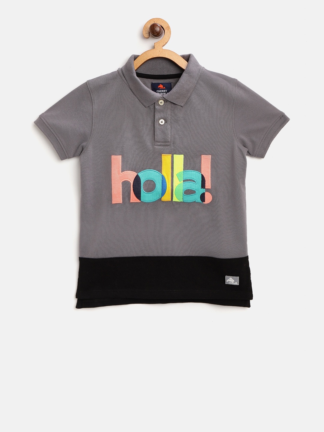 

Cherry Crumble Boys Grey & Black Printed Polo Collar T-shirt