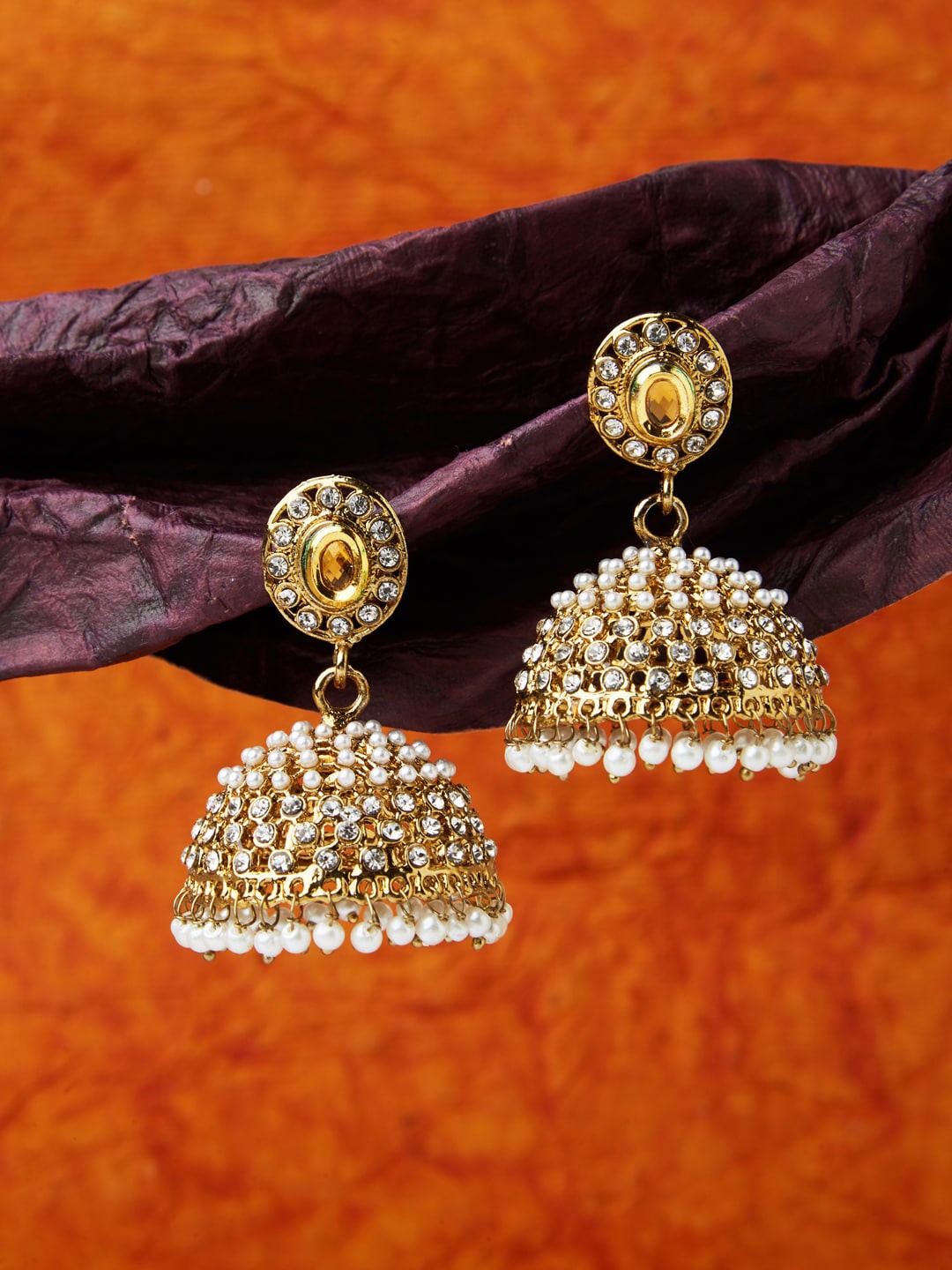 

Fida Gold-Plated & White Dome Shaped Jhumkas