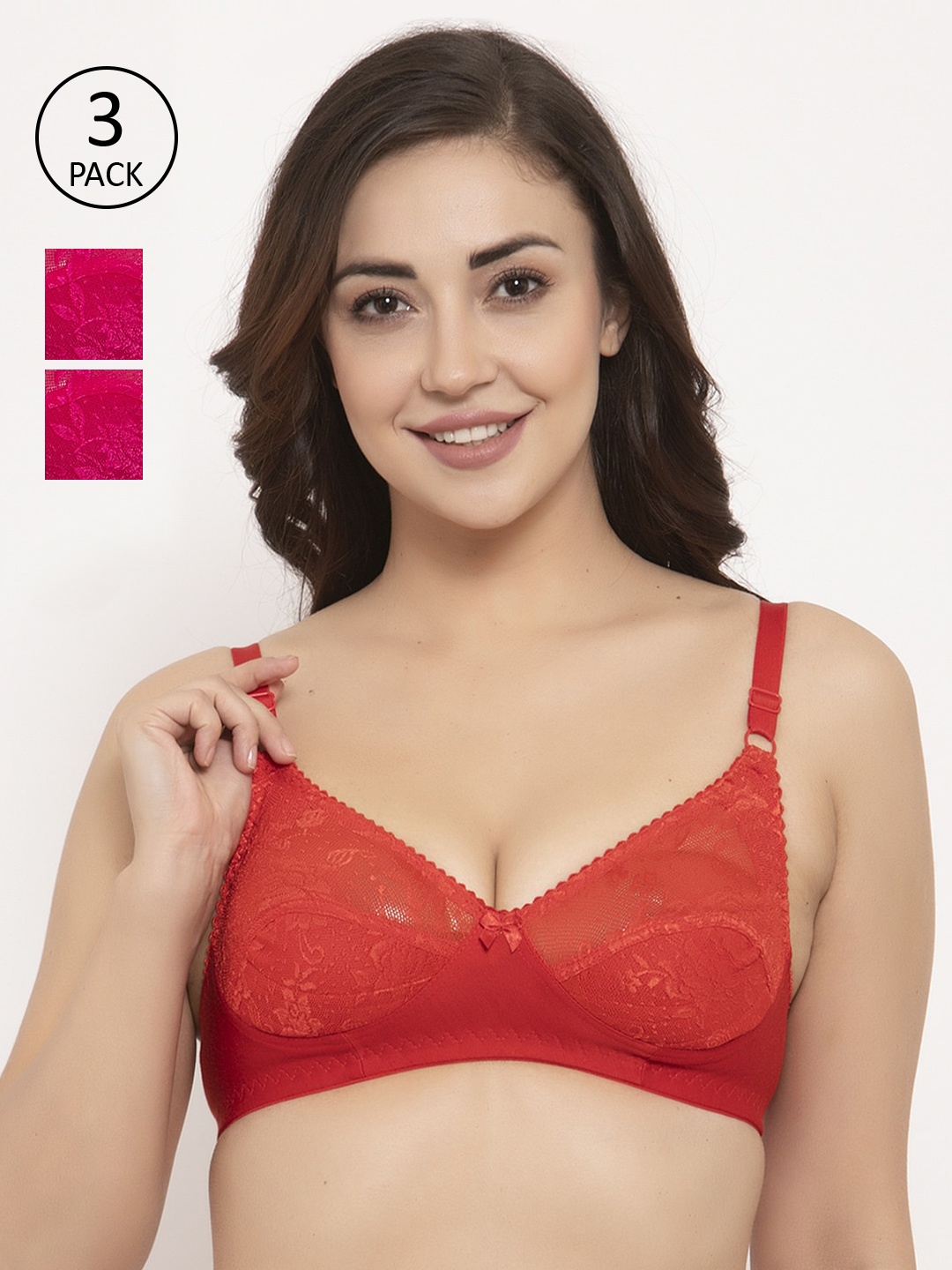 

GRACIT Pack of 3 Lace Non-Wired Non Padded Balconette Bras PW3-03-07-07, Red