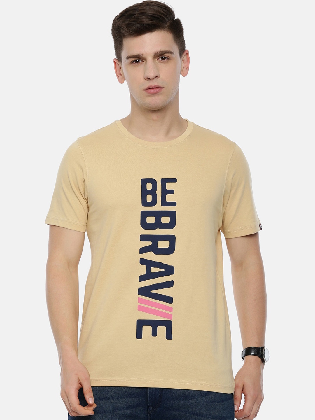 

Bushirt Men Beige Black Printed Round Neck Pure Cotton T-shirt