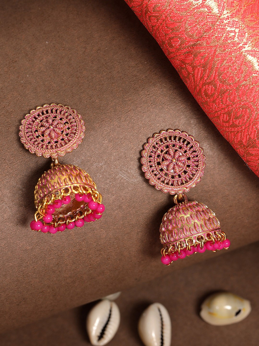 

ANIKAS CREATION Pink & Gold-Plated Dome Shaped Jhumkas