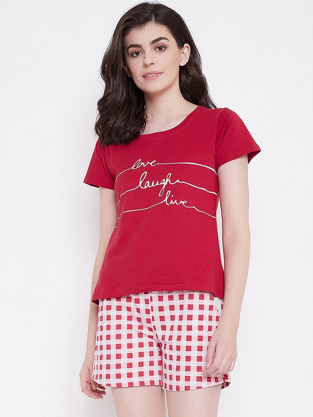 

Clovia Women Red & Grey Printed Night Suit